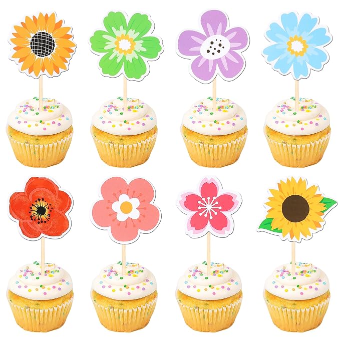 40 PCS Summer Flowers Cupcake Toppers Double Sided Colorful Sunflower Cupcake Picks Daisy Flower Cake Decorations for Summer Haiwaii Theme Baby Shower Wedding Birthday Party Supplies