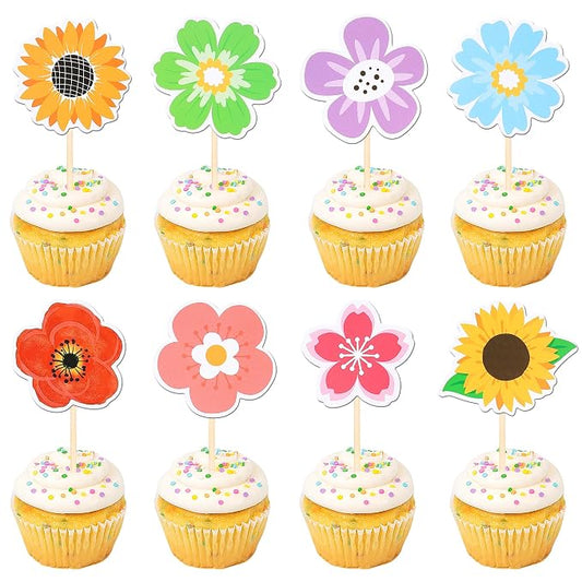 40 PCS Summer Flowers Cupcake Toppers Double Sided Colorful Sunflower Cupcake Picks Daisy Flower Cake Decorations for Summer Haiwaii Theme Baby Shower Wedding Birthday Party Supplies