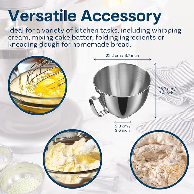 Mixer Attachments for KitchenAid 4.5–5 Quart Tilt-Head Stand Mixers – Compatible with Artisan & Classic – Beaters, Whisks, Dough Hooks & Attachment Sets by MMOBIEL (Mixer Bowl, Stainless Steel)