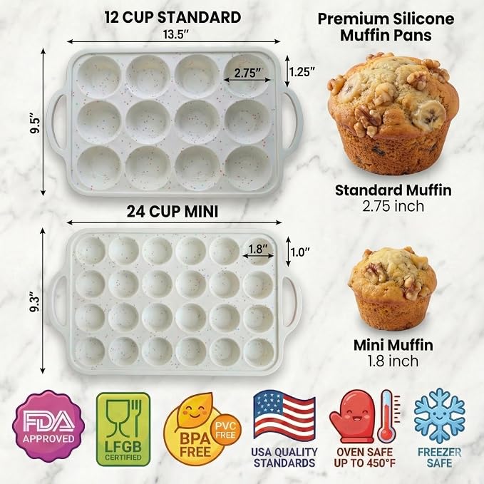 2-Pack Silicone Muffin Pan Set – Regular 12 Cup & Mini 24-Cup Silicone Muffin Pans for Baking – Nonstick Silicone Cupcake Pan with Metal-Reinforced Handles – BPA-Free, Dishwasher-Safe, Cream