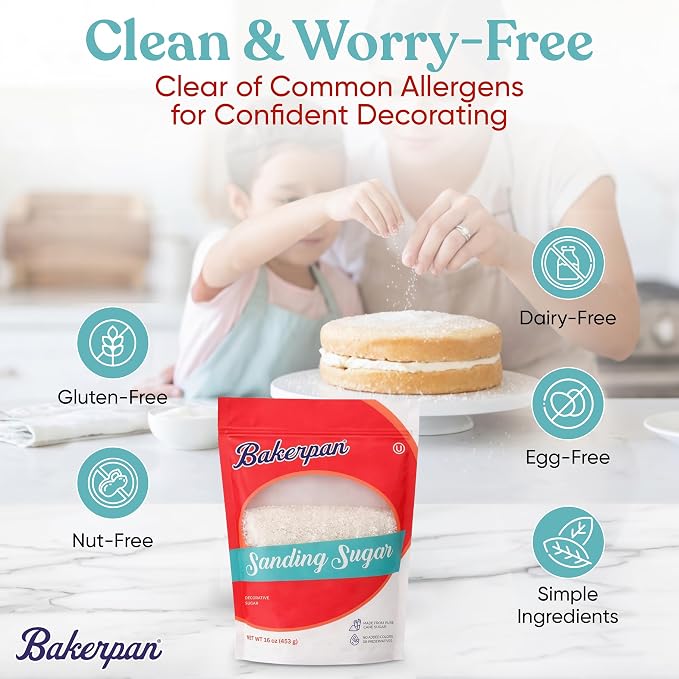 Bakerpan Sanding Sugar for Baking & Cookie Decorating - 16 Ounces Sparkling Sugar Sprinkles for Cookies, Cakes, Cocktails (Made In USA)