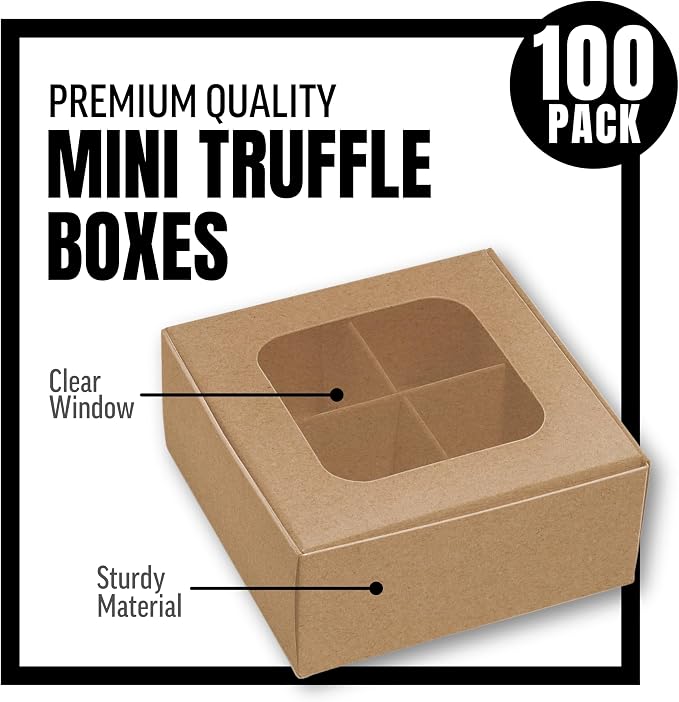 100 pcs Kraft Mini Truffle Box for 4 Treats with Window and Dividers, Bakery Boxes, 3.5 x 3.5 x 1.57 Inches VERY SMALL Baking Boxes for 4 Treats, Square Truffles Box for Gift Giving