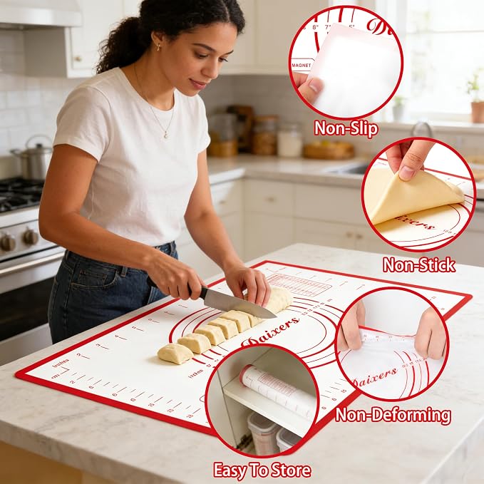 Silicone Baking Mats Set of 2,Large 24" x 16" Small 16" x 12" Non Stick Non Skid Pastry-Mat with Measurements (Red)