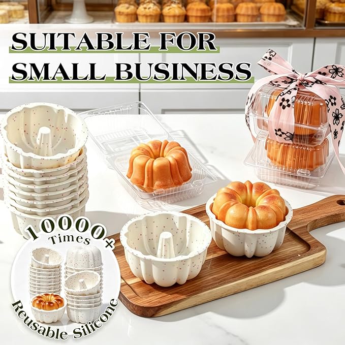 4 Inch Silicone Mini Fluted Tube Cake Pans with Metal Frame, 18 Pcs Nonstick Mini Flan Molds for Baking, BPA Free – Individual Reusable Jello Mold for Small Business or Home Baker(Cream)