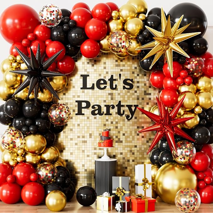 Red Black and Gold Balloons Arch Garland Kit – 131Pcs Latex Balloons with Foil Star Balloons for Birthday Hollywood Casino Movie Night New Year Party Decor