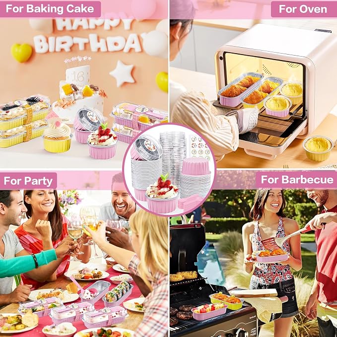 30Pcs Mini Cake Pans with Lids Aluminum Foil, ZOXILEN 5oz Disposable Mini Loaf pans with Lids and Spoons, Small Baking Cups Pie Tins Muffin Pan Cheesecake Containers for Party Pink Round
