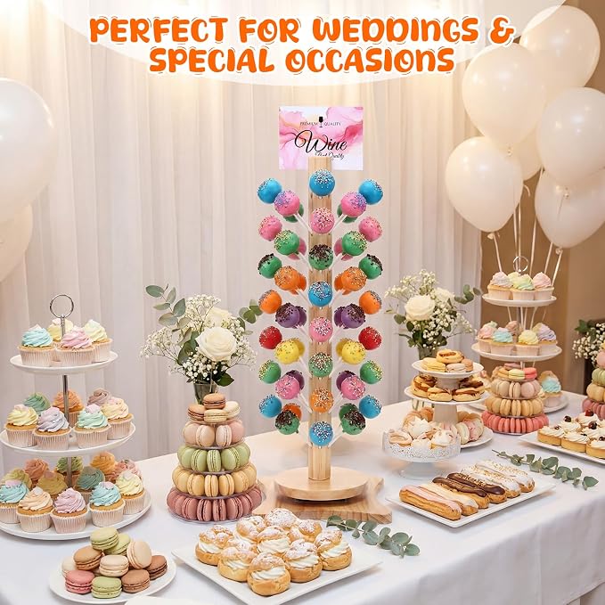 Lallisa 2 Pack Wood Cake Pop Stand with Spinning Base, 50 Holes Wooden Lollipop Tree Holder Stand, Decorative Cake Candy Display Dessert Holder, for Wedding Baby Showers Anniversaries Birthday Party