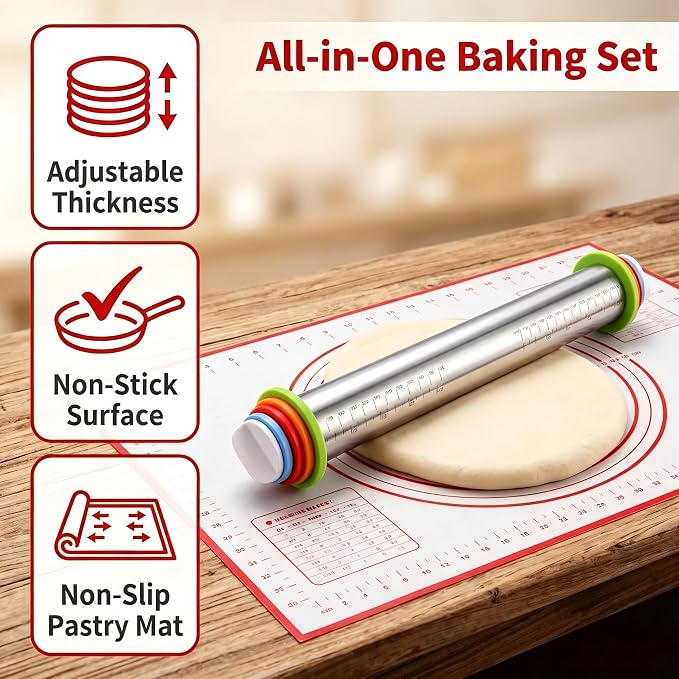 Adjustable Stainless Steel Rolling Pin & Non-Slip Silicone Baking Mat Set with Thickness Rings, Dough Roller with Guides & Pastry Mat for Fondant,Pizza, Cookies, Pies,Baking Supplies & Kitchen Gadgets