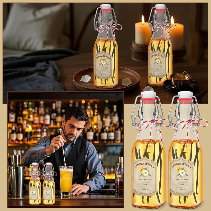 10 Pack Swing Top Glass Vanilla Extract Bottles 8 oz with Lids, Vanilla Extract Labels and Funnel, Glass Boston Bottles for Syrup Gift, Flip Top Jars