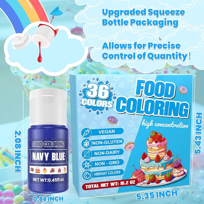 Food Coloring - 36 Colors Liquid Food Dye Set, Concentration Food Color for Cake Decorating, Baking, Easter Egg, Icing, Fondant, Cooking, Slime Making Kit and DIY Crafts - 0.45oz/Bottles