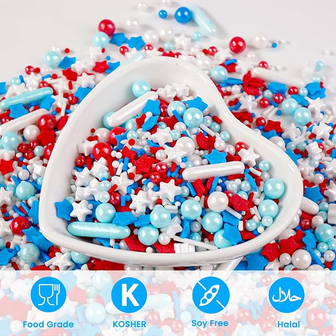 Edible Patriotic Sprinkles, 4th of July, 130g/4.59oz, Red White and Blue Sprinkles for Cake Decorating, Cake Decorations, Cupcake Toppers (Stars/Jimmies/Nonpareils）