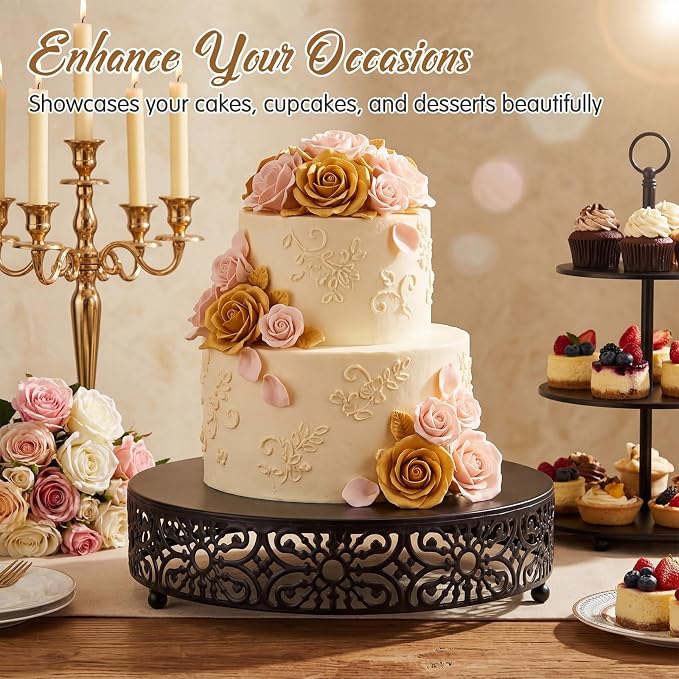 Wenqik 12 Inch Cake Stand Round Metal Cupcake Dessert Wedding Cake Stand Cookies Display Holder Fruit Food Serving Tray for Table Wedding Birthday Anniversary Party Decor (Black)
