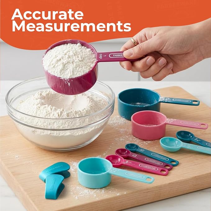 Farberware Kitchen Basics Measuring Cup & Spoon Set, 9-Piece Colorful Nesting Design with Easy-to-Read Markings - Stackable Cooking & Baking Tools with Ring Organizer, Dishwasher Safe Plastic