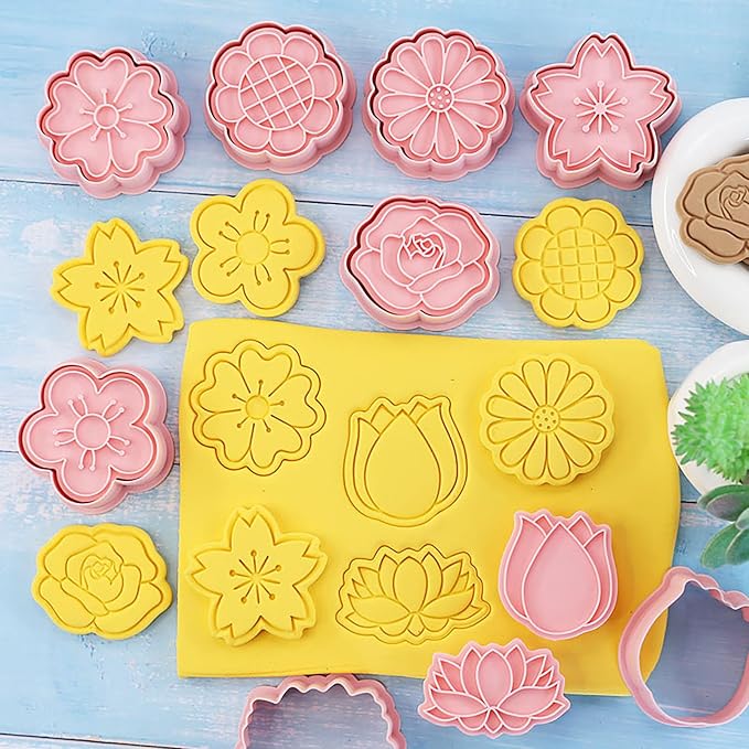 Flower Cookie Cutters Set with Cookie Stamp 8 Variety Shapes Spring Floral Baking Tool for Homemaking Cookie (Flowers)