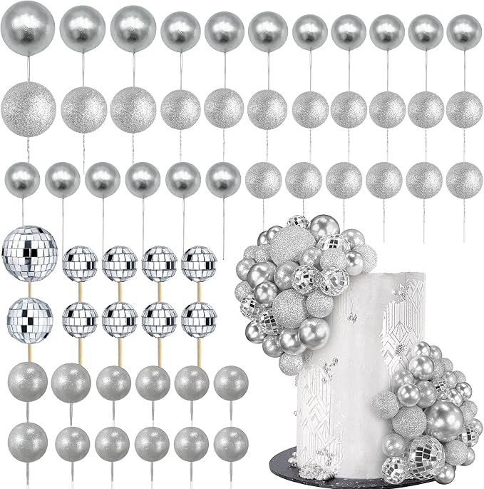 56 PCS Colorful Ball Shaped Cake Topper Pearl Balls Cupcake Cake Insert Topper for Birthday Party Wedding Decoration Supplies (Silver)