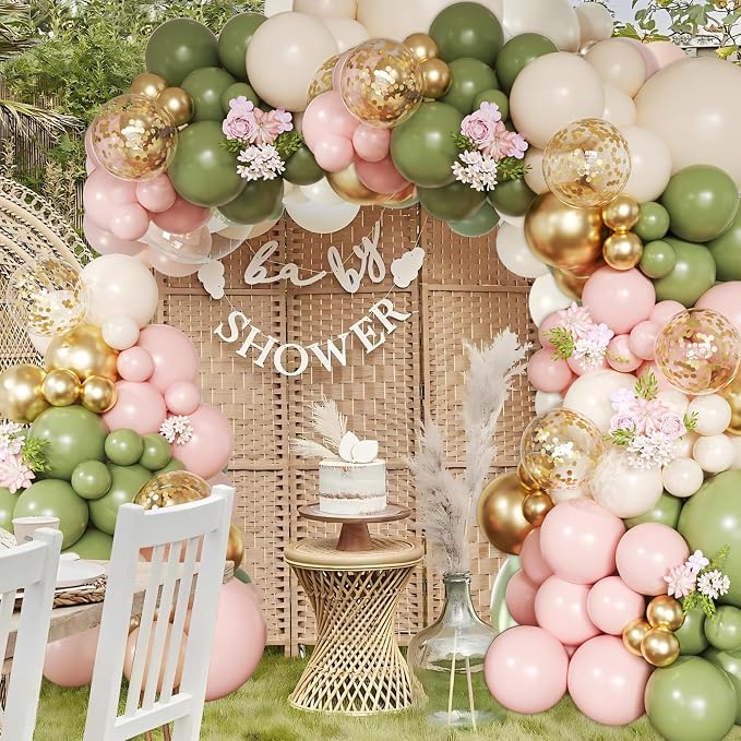 Avocado Green Pink Balloon Arch Kit, 146Pcs Pastel Pink White Sand Retro Avocado Green Gold Confetti Balloons for Baby Bridal Shower Wedding Engagement Birthday Party Decorations
