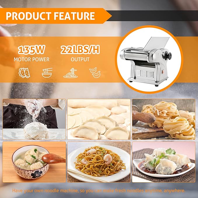 WICHEMI Electric Pasta Maker 3 IN1 Pasta Roller Automatic Noodle Maker 135W | Electric Pasta Maker Machine, Pasta Dough Roller, Food Grade Stainless Steel, Making 2.5mm Round Noodle, 4mm/9mm Flat Noodle