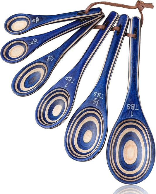 Measuring Spoons, 6pcs Durable Pakkawood Measuring Spoons Set Includes Teaspoon Tablespoon Measuring Spoon for Dry or Liquid Ingredients, Wooden Measuring Scoop for Baking Cooking (Navy Blue)