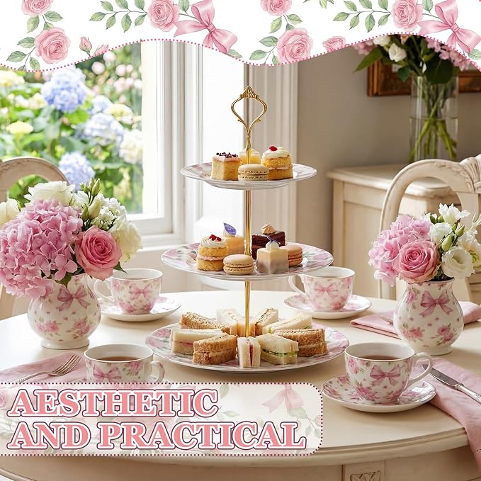 3 Tier Pink Floral Cake Stand Ceramic Coquette Dessert Stand with Gold Metal Rack Shabby Hydrangea Bow Cupcake Tower for Wedding Bridal Shower Baby Shower Birthday Afternoon Tea Party