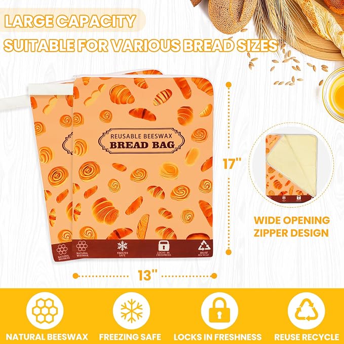 2 Pack Wide Zipper Access Beeswax Bread Bags for Sourdough Bread, Reusable Organic Linen Beeswax Bread Bag for Homemade Sourdough for Homemade Bag to Keep Fresh Longer, Kitchen Storage (Yellow)