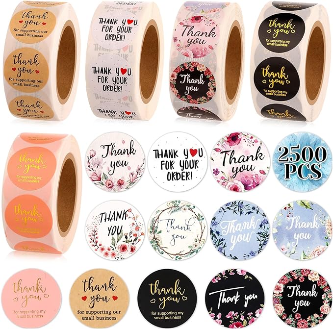 Thank You Small Stickers Rolls, 2500Pcs 1 Inch Thank You for Supporting My Small Business Envelope Seals, 5 Rolls 12 Patterns for Wedding, Birthday, Party Gift Wrap Bag