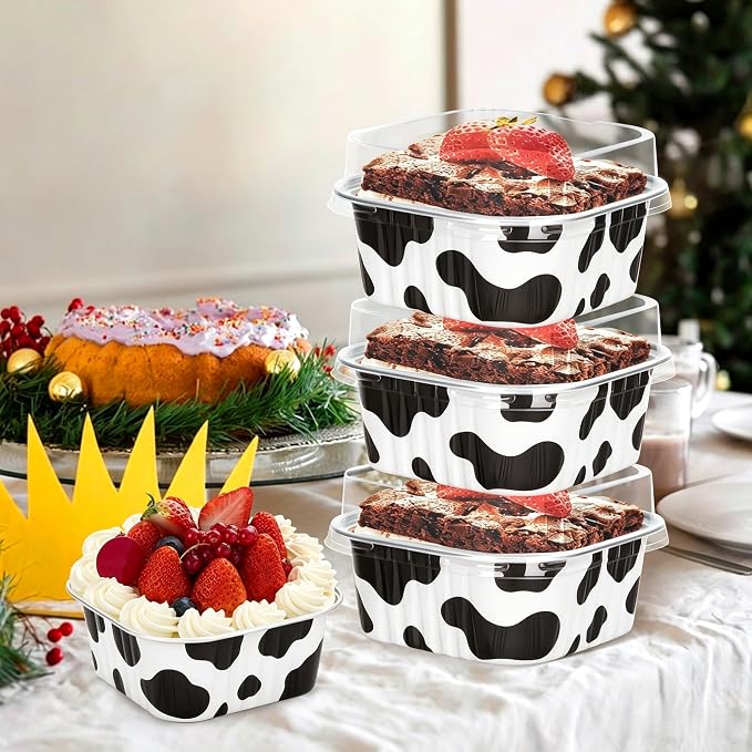 30Pack 5oz Cow Mini Cake Pans with Lids Baking Cups Aluminum Foil Pans Tins, Individual Dessert Cups Containers for Sales,Party,Picnics