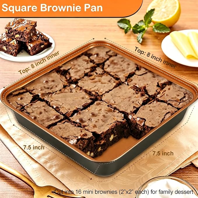 Baking Pans Set 6-Pieces, Non Stick Bakeware Sets Stackable, with Rectangular Baking Pan, Muffin Pan, Round/Square Cake Pan, Loaf Pan, Cooling Rack, Oven Mitt for Home Baker, Gold