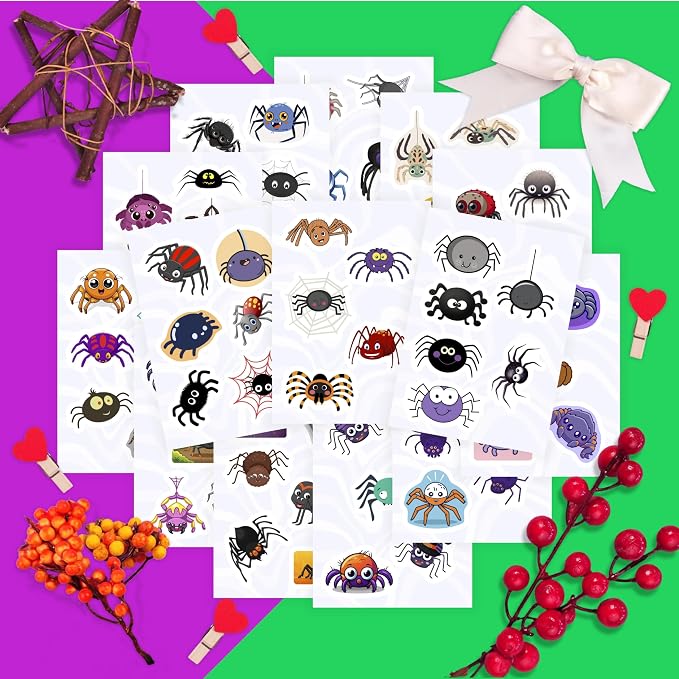 BulbaCraft 100Pcs Spider Stickers for Water Bottle and Laptop - Spider Party Supplies & Decorations, Waterproof Vinyl Decals, Cute and Creepy Stickers, Gifts for Women & Men