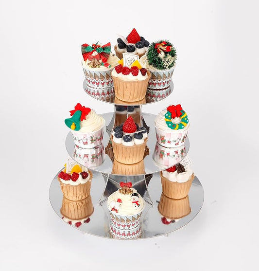 YLDW 3-Tier Cupcake Stand, Sliver Cardboard Cake Stand Holder, Tiered DIY Cupcake Stand Tower for Dessert Table Displays, Birthday Theme Party Favors Decoration, Floral Tea Party, 12" W x 12.8" H