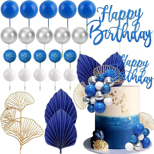 MEMOVAN Blue White Silver Ball Cake Toppers with Palm Leaves Foam Balls Cake Picks DIY Balloon Cake Insert Topper Blue Boho Cake Topper for Birthday Boho Wedding Baby Shower Anniversary Party