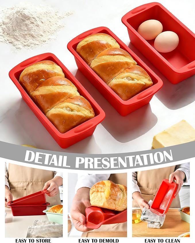 Silicone Bread Loaf Pan, Non-Stick Bread Pans for Baking,Flexible Silicone Baking Molds for Bread, Cake, Meatloaf (4PCS-Red)