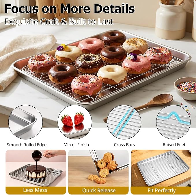 Onader Baking Sheet with Cooling Rack Set of 2, 16x12 Inch Stainless Steel Cookie Sheets for Baking, Metal Jelly Roll Pan with Rack for Oven, 2 Pans + 2 Racks, Nonstick & Rust Resistant