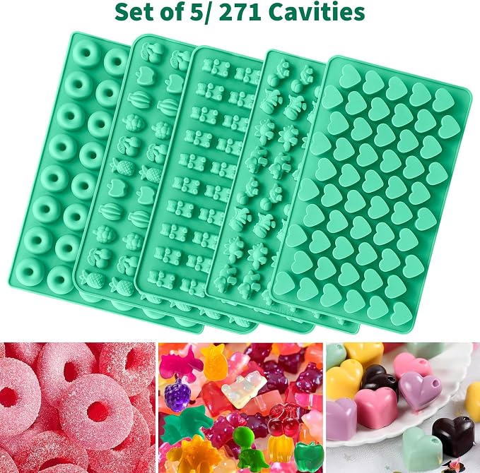 Silicone Gummy Molds Set of 5, Candy Molds Silicone with 2 Droppers for Convenient Filling, Gummy Molds Set Includes Dinosaur, Bear, Donut, Heart and Fruit