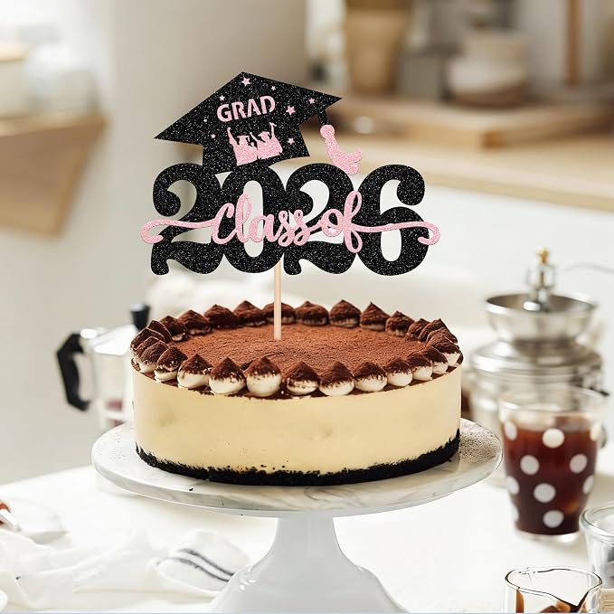 1 Pack Class of 2026 Cake Topper Glitter Congrats Grad Cap 2026 Graduation Cake Pick for 2026 Graduation Theme High School Graduate Party Cake Decorations Supplies Black Pink