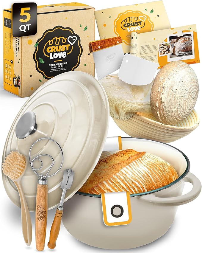 CRUSTLOVE Dutch Oven for Bread Baking - incl. Sourdough Bread-Baking Supplies like Banneton Bread-Proofing Basket - 5QT Enameled Cast Iron Bread-Oven with Lid, Baking Pan, Scoring Tool Lame
