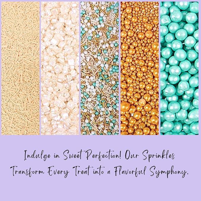 Confect Sprinkles- Fairytale Frozen Cake Decorating Sprinkles – Teal, White & Glittering Gold Pearl Dragees, Pearl Jimmies & White Sparkling Sugar – Edible Sprinkle Mix for Cakes, Cupcakes, Cookies & Party Desserts- Vegan, Gluten-Free, Nut-Free, Soy-Fr...