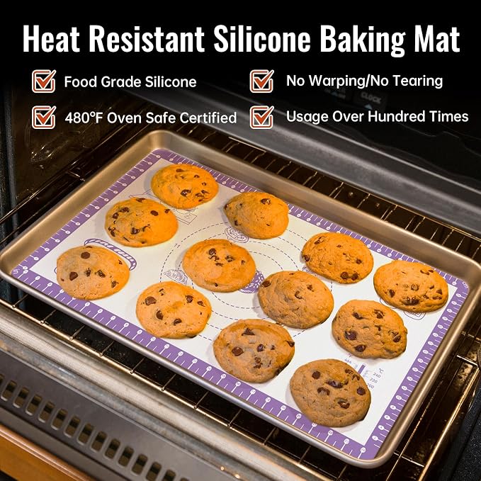 Silicone Pastry Mat with 10 Useful Recipes, Silicone Baking Mat for Dough Rolling,Bread, Cookie, Macaron, Pizza, Surdough, Non Slip Silcone Mat for Counter, Baking Suppliers Essential