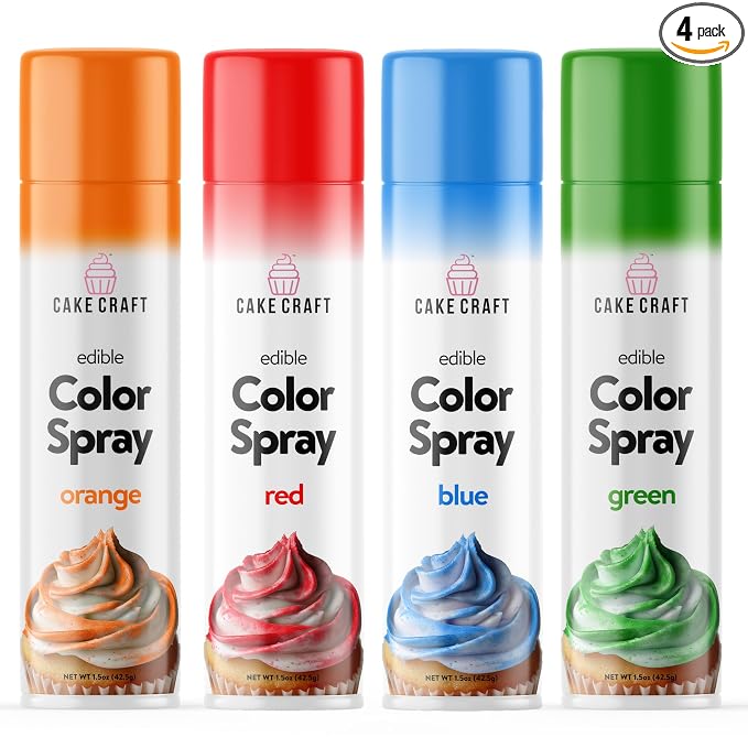 Cake Craft Edible Food Coloring Spray Set | 4 Pack Red Blue Green & Orange Food Color Spray for Cakes Cupcakes Cookies | Baking Decorating Supplies for Birthday Party Desserts | 1.5 Oz