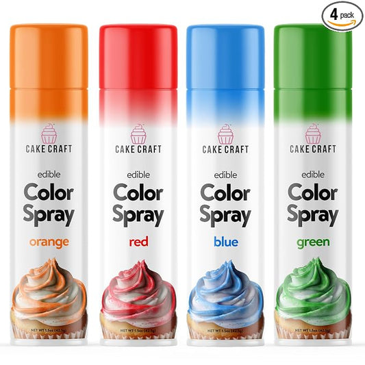 Cake Craft Edible Food Coloring Spray Set | 4 Pack Red Blue Green & Orange Food Color Spray for Cakes Cupcakes Cookies | Baking Decorating Supplies for Birthday Party Desserts | 1.5 Oz