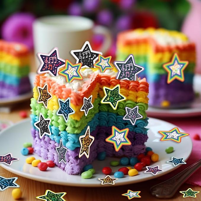 48PCS Edible Musical Notes Star Cupcake Toppers Wafer Paper Music Symbol Cake Picks Music Concert Cake Topper Edible Musical Cupcake Picks for Concert Theme Party Decor