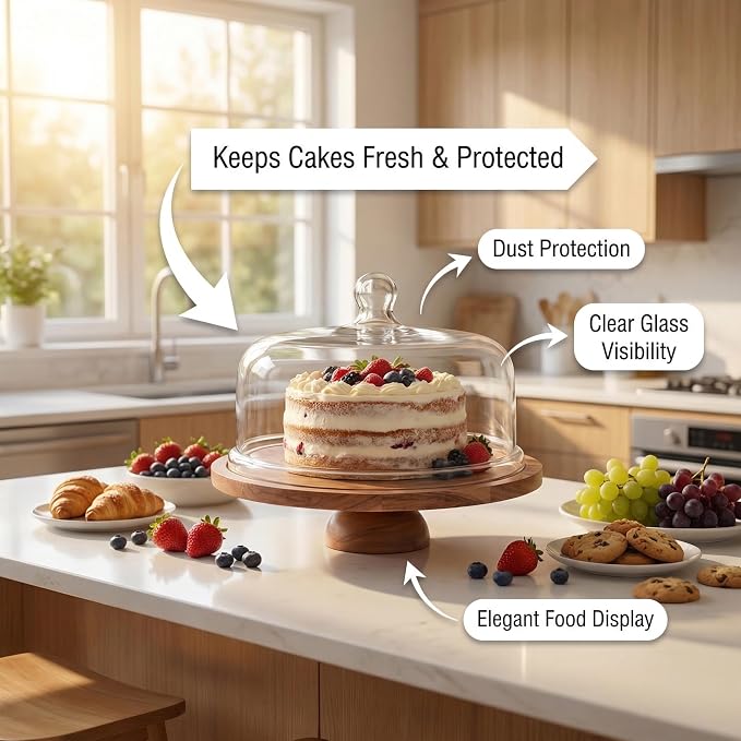 Cake Stand with Clear Dome Lid – 12 Inch Acacia Wood 2-in-1 Reversible Cake Stand & Charcuterie Board – Cake Keeper with Cover for Kitchen, Party & Home Decor