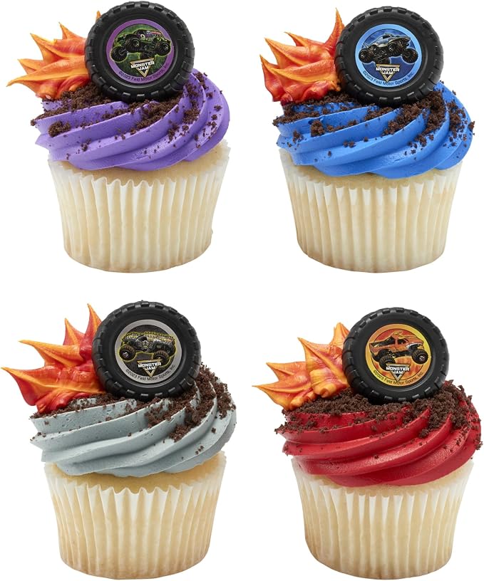 Monster Jam Rings, 24 Monster Truck Cupcake Toppers, Bright Colorful Truck Tire Cupcake Decorations, Food Safe - 24 Pack