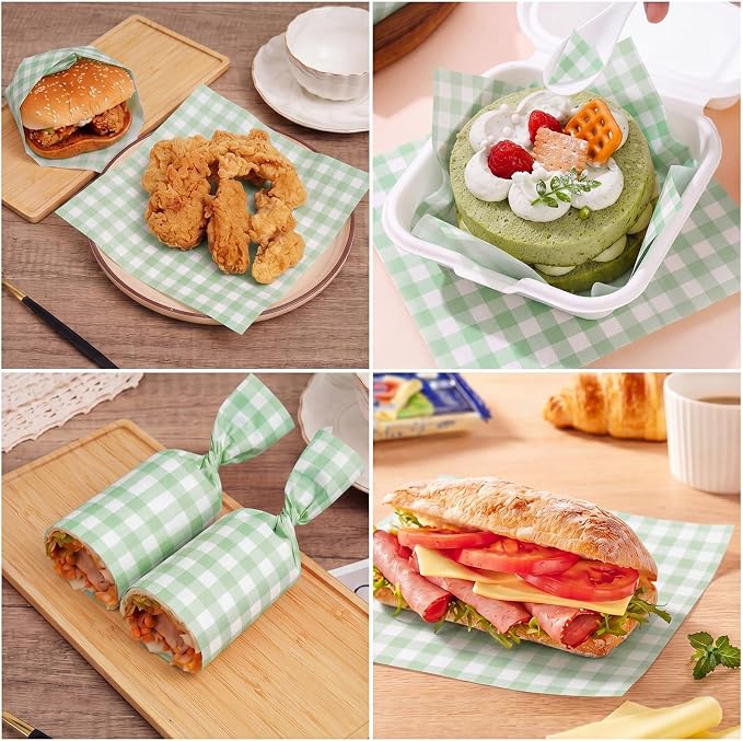 Feifeiya Floral Wax Paper Sheet for Food Chinoiserie Bird Deli Paper Waterproof Sandwich Wrapping Greaseproof Food Basket Liners for Picnic Party Kitchen Supply (200, Green, Checkered)