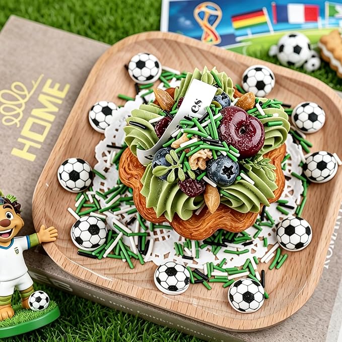 Soccer Sprinkles for Cake Decorating - 10Pcs Edible Soccer Balls & Black Green White Jimmies Sprinkles for Baking, Cupcakes, Cookies & Ice Cream Toppings, World Cup Sprinkles