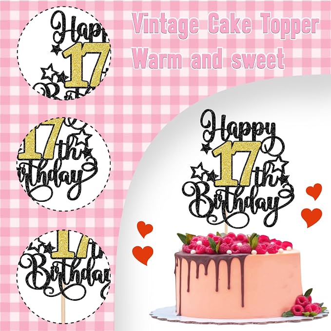1 PCS Happy 17th Birthday Cake Topper Black Gold Glitter Cheers to 17 Years Birthday Cake Pick Hello 17 Fabulous Cake Decoration for Happy 17th Birthday Anniversary Party Decorations Supplies