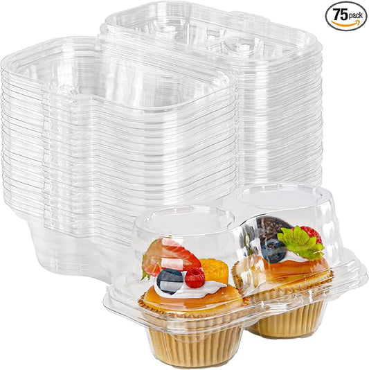NPLUX 2 Count Cupcake Containers 75 Pack Cupcake Holder with Connected Airtight Lid Cupcake Boxes for 150 Cupcakes Muffins, BPA Free, Standard Size
