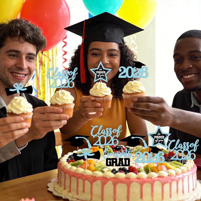 48 PCS Graduation Cupcake Toppers 2026, 6 Styles Grad Cupcake Toppers, Glittery Congrats Graduation Decor, Black and Sky Blue Cap and Diploma Cake Picks for Grad Decorations Party Supplies