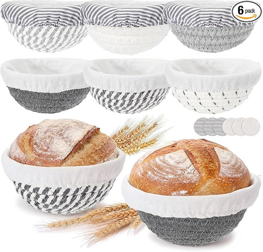 6 Set 5.5 Inch Mini Banneton Bread Proofing Basket Natural Cotton Rope Proofing Bowls Kit with Cloth Liner Small Sourdough Bread Baking Supplies for Home Baking (Blue Gray)