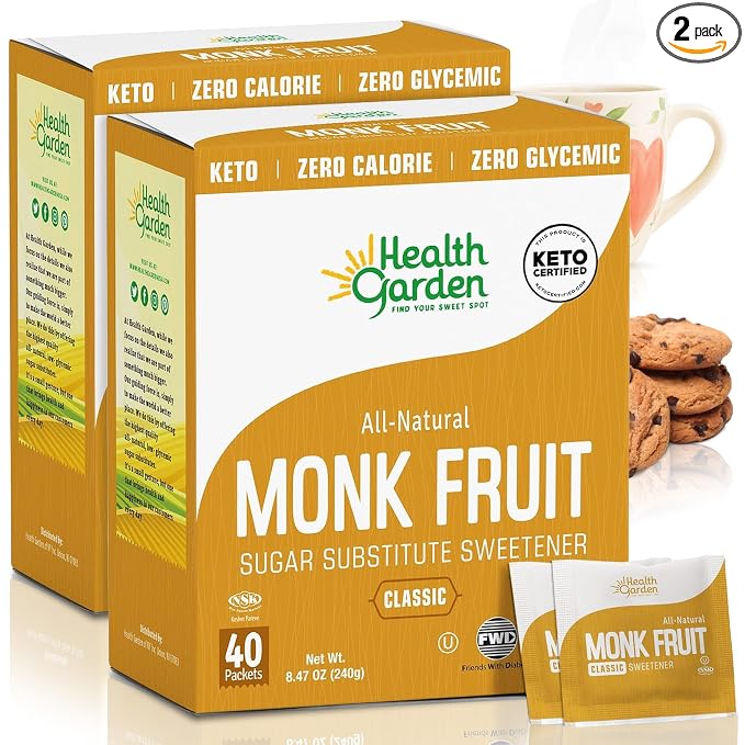 Health Garden Monk Fruit Sweetener, Classic Sugar Substitute – 80 Count Packets (40 Count, 2 Pack) – 1:1 Monk Fruit Sugar Substitute with Erythritol, Zero Calorie Monkfruit Sweetener for Baking and Coffee, Keto Friendly, Non-GMO