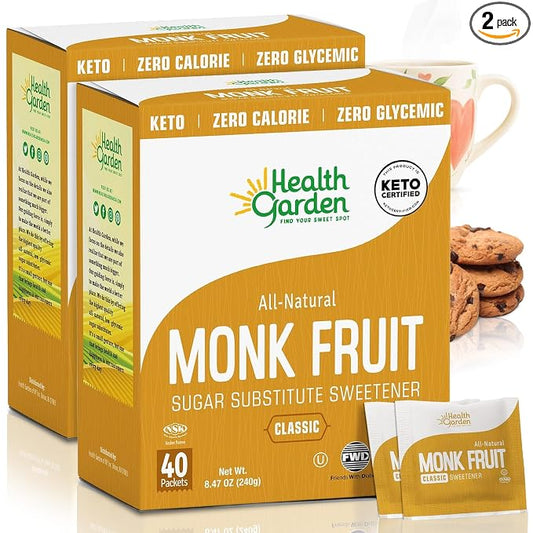 Health Garden Monk Fruit Sweetener, Classic Sugar Substitute – 80 Count Packets (40 Count, 2 Pack) – 1:1 Monk Fruit Sugar Substitute with Erythritol, Zero Calorie Monkfruit Sweetener for Baking and Coffee, Keto Friendly, Non-GMO